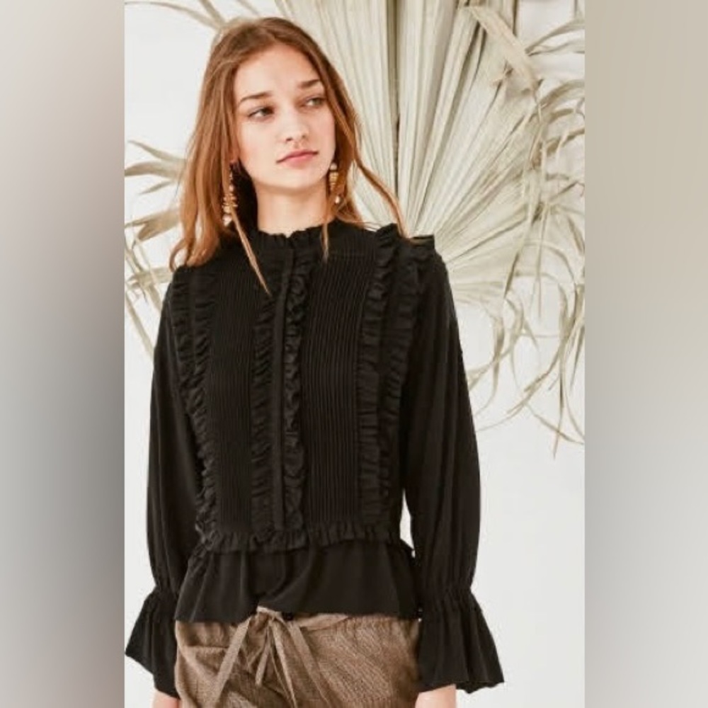 ULLA JOHNSON 100% Silk Ruffle Pleated Tuxedo Blouse in Black